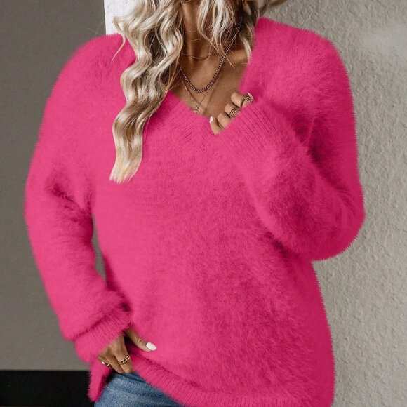Hot Pink Casual Women's Fuchsia V-Neck Mink Faux Cashmere Pullover Sweater - Picture 5 of 6
